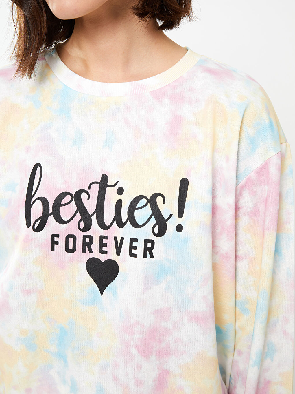 Karışık Bisiklet Yaka Baskılı Uzun Kollu Kadın Sweatshirt Anne Kız Kombini-3