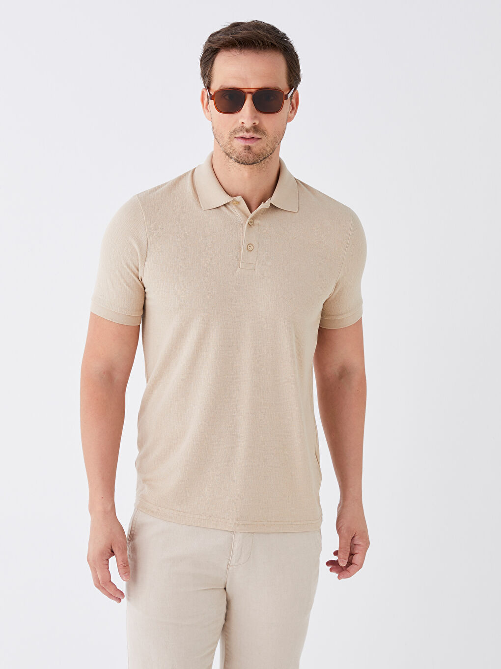 Bej Polo Yaka Kısa Kollu Erkek Tişört