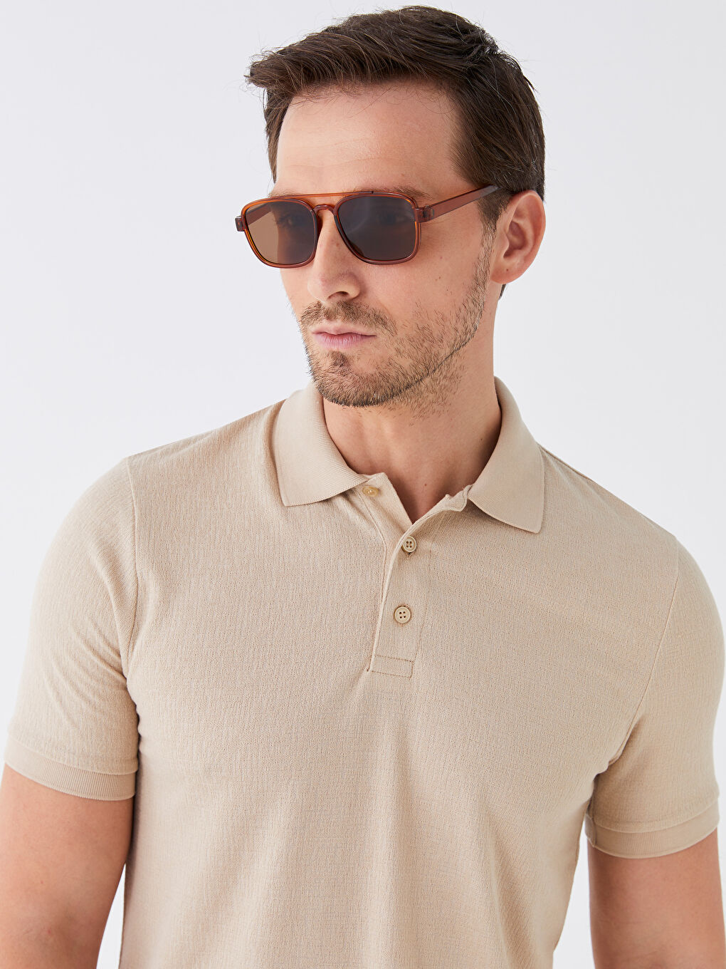 Bej Polo Yaka Kısa Kollu Erkek Tişört-1