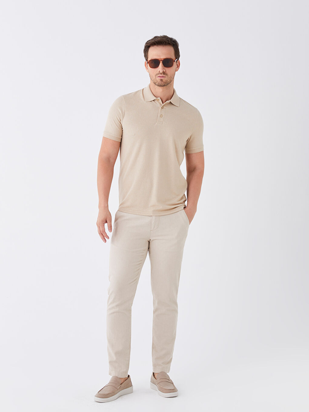 Bej Polo Yaka Kısa Kollu Erkek Tişört-2