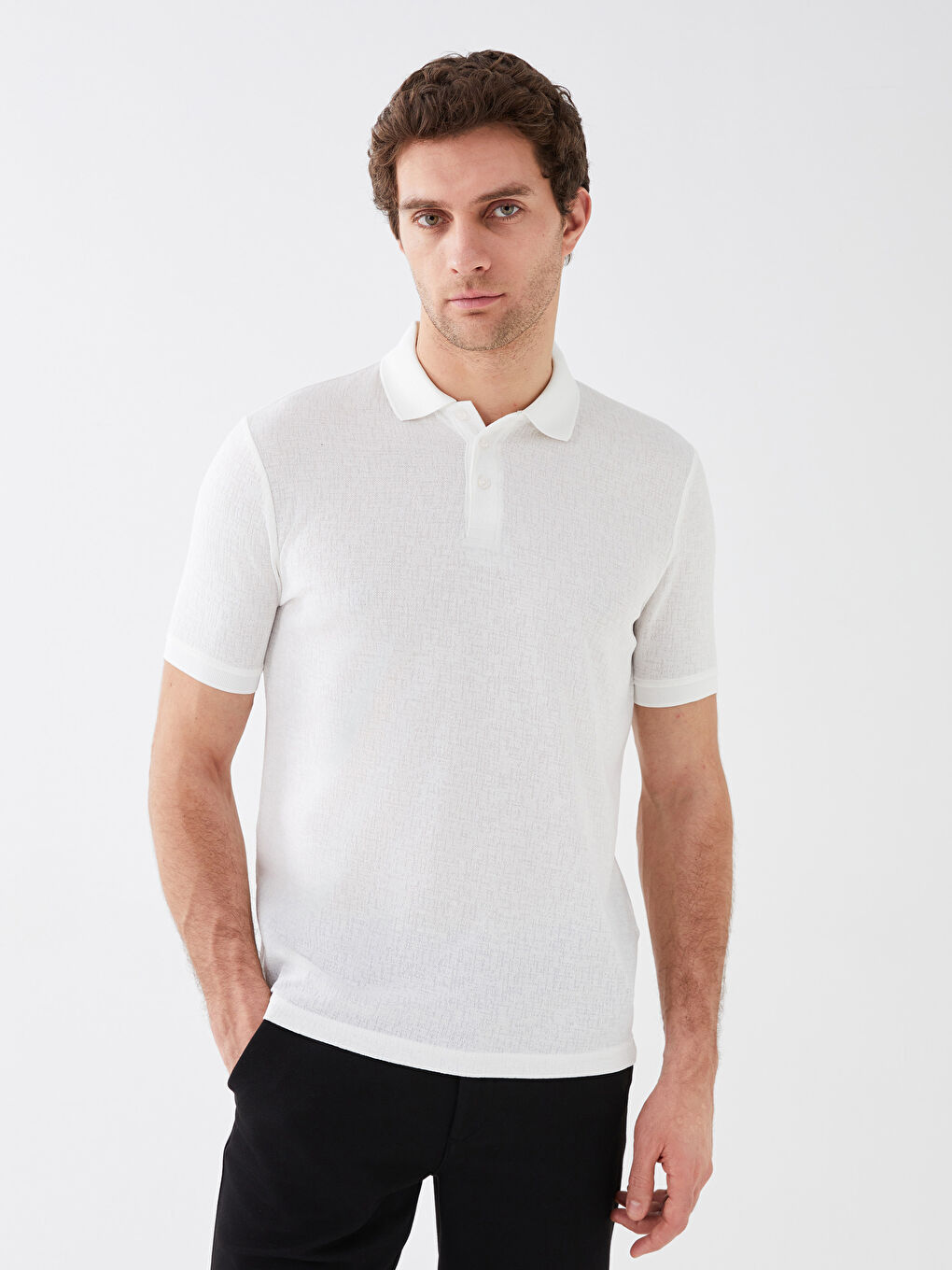 Ekru Polo Yaka Kısa Kollu Keten Karışımlı Erkek Tişört