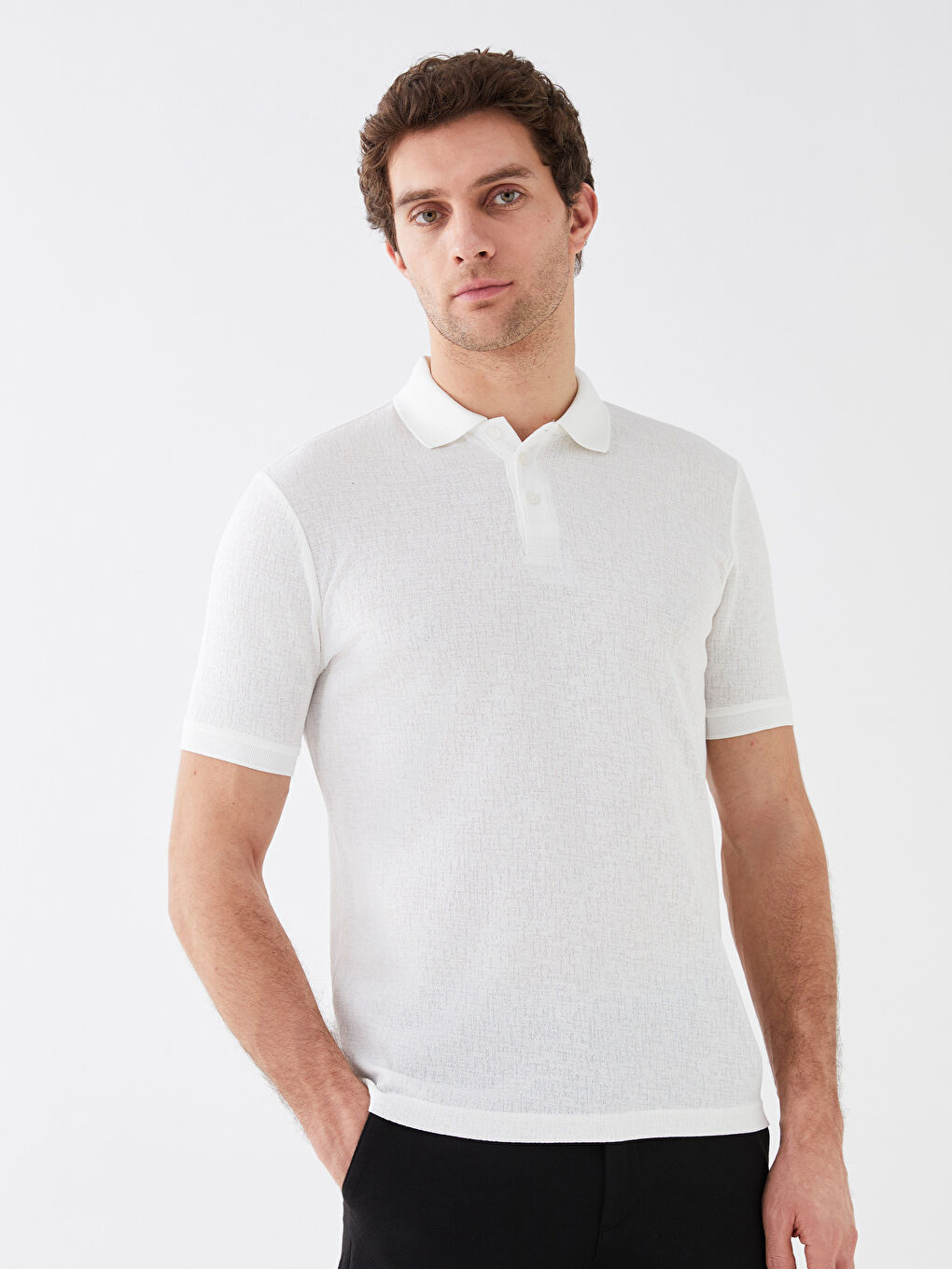 Ekru Polo Yaka Kısa Kollu Keten Karışımlı Erkek Tişört-1