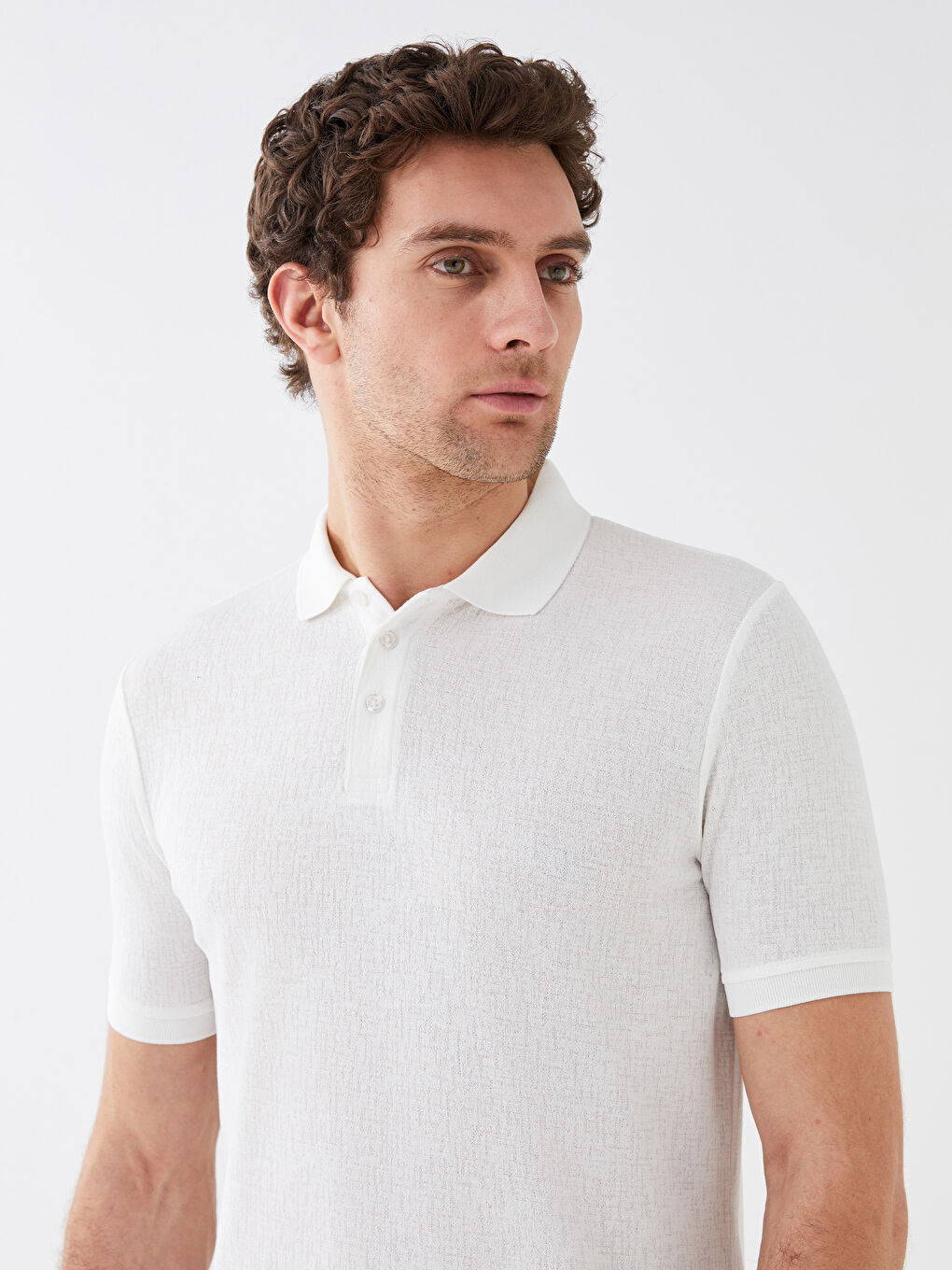 Ekru Polo Yaka Kısa Kollu Keten Karışımlı Erkek Tişört-2
