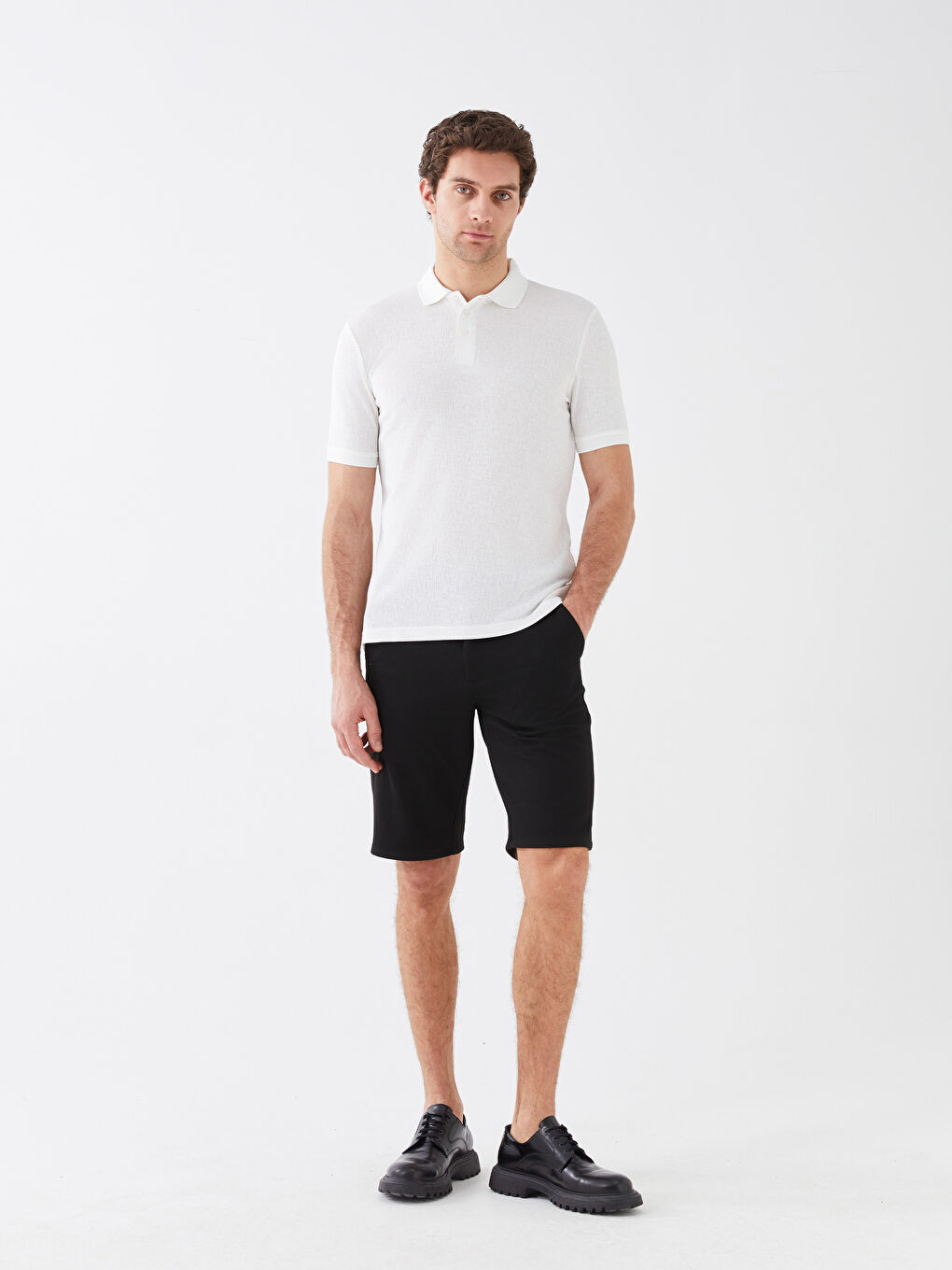 Ekru Polo Yaka Kısa Kollu Keten Karışımlı Erkek Tişört-4