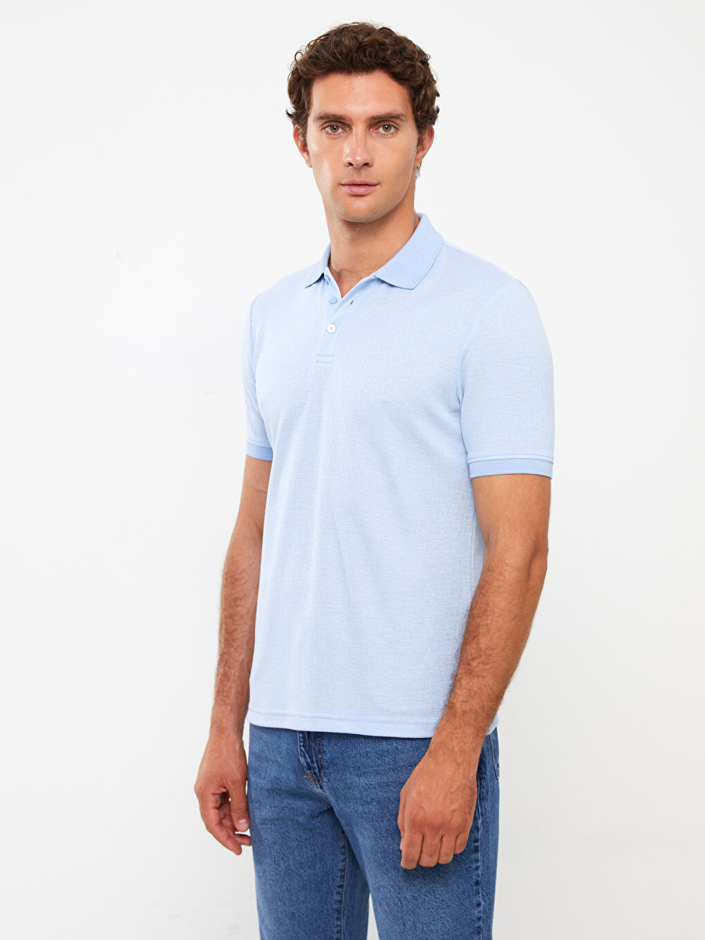 Mavi Polo Yaka Kısa Kollu Keten Karışımlı Erkek Tişört