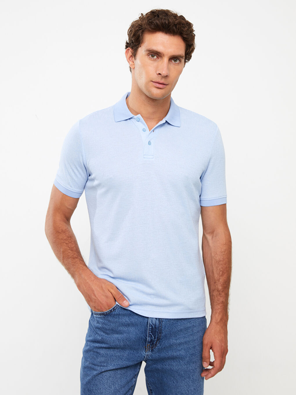 Mavi Polo Yaka Kısa Kollu Keten Karışımlı Erkek Tişört-2