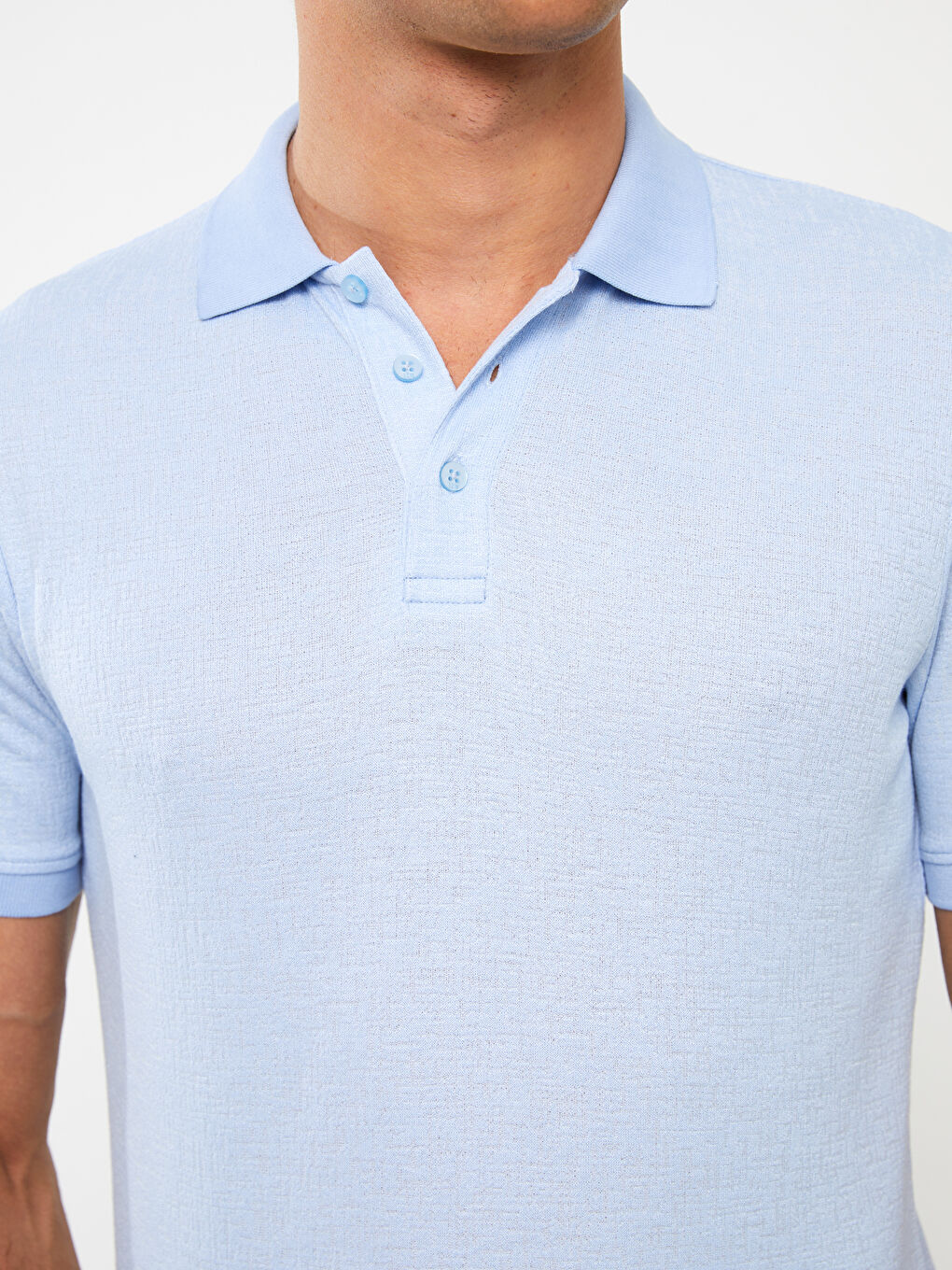 Mavi Polo Yaka Kısa Kollu Keten Karışımlı Erkek Tişört-3