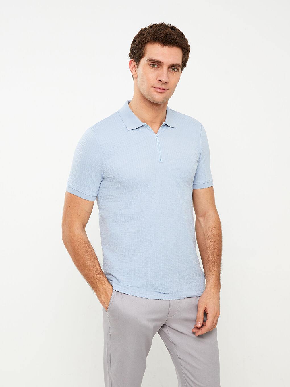 Mavi Polo Yaka Kısa Kollu Erkek Tişört-1
