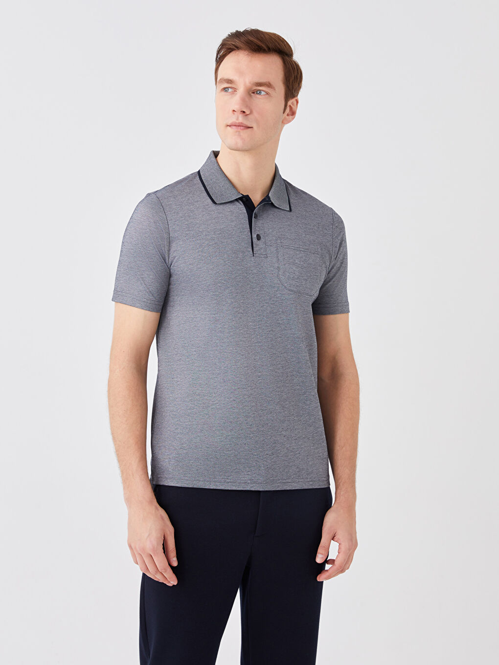 Lacivert Merserize Polo Yaka Kısa Kollu Erkek Tişört-1