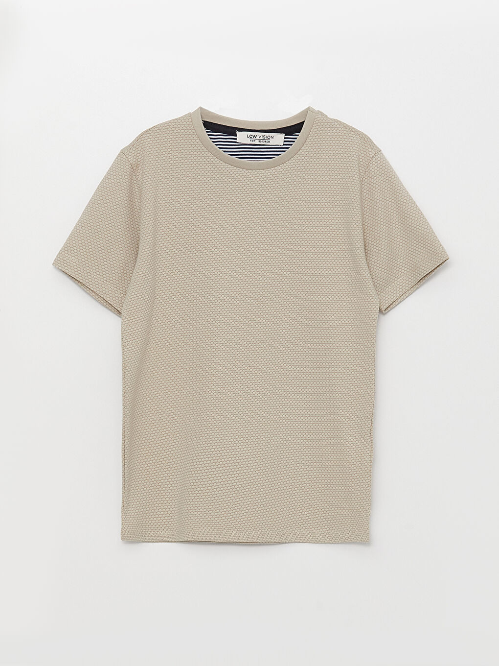 Bej Bisiklet Yaka Kendinden Desenli Kısa Kollu Erkek Çocuk Tişört