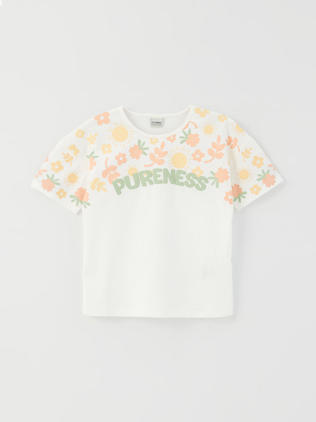 Ekru Bisiklet Yaka Baskılı Kısa Kollu Kız Çocuk Tişört