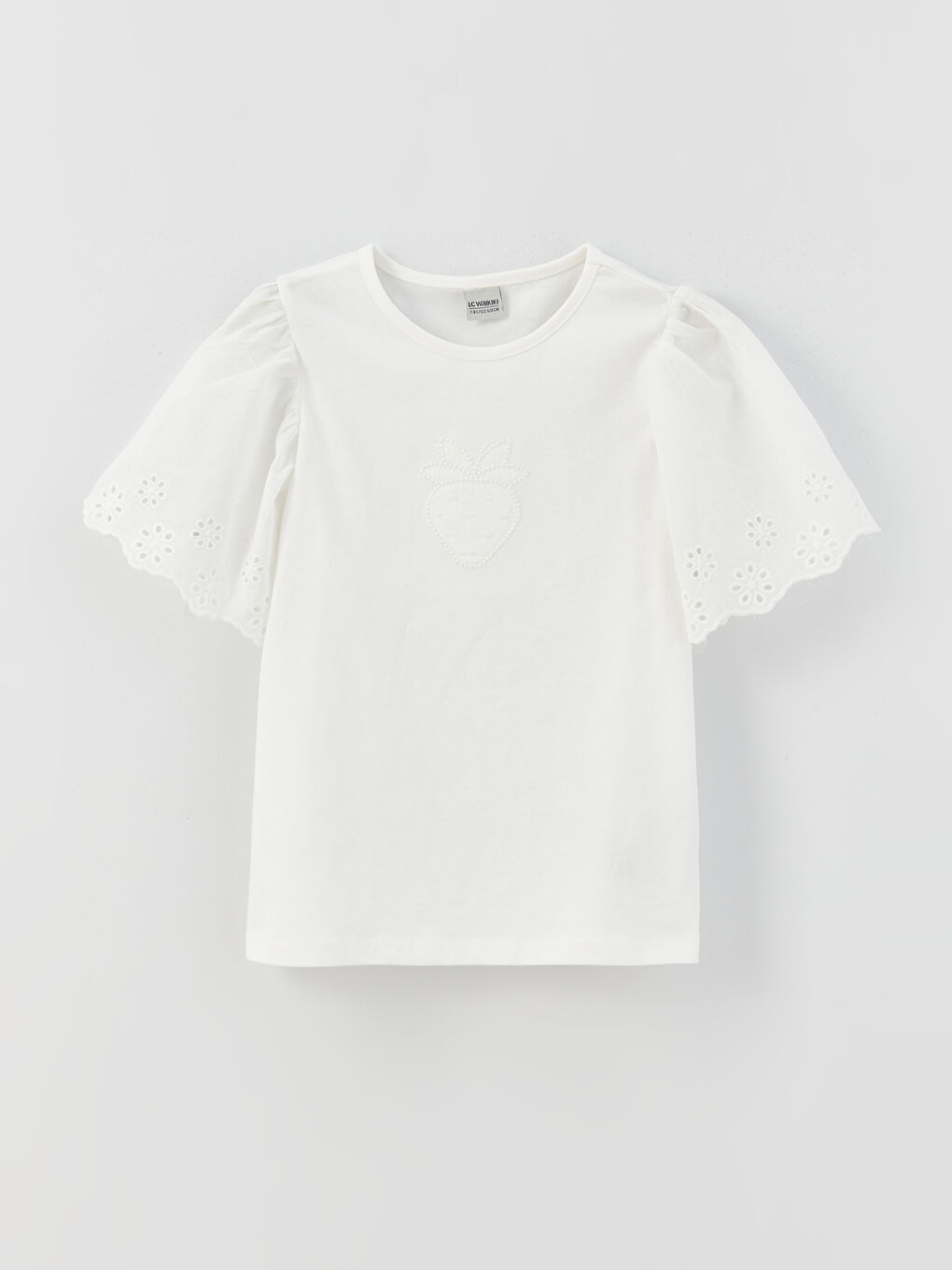 Beyaz Bisiklet Yaka Nakışlı Kısa Kollu Kız Çocuk Tişört