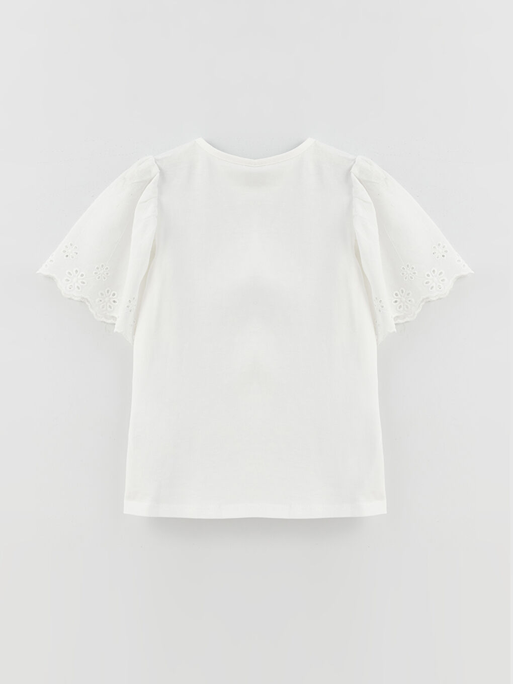 Beyaz Bisiklet Yaka Nakışlı Kısa Kollu Kız Çocuk Tişört-1