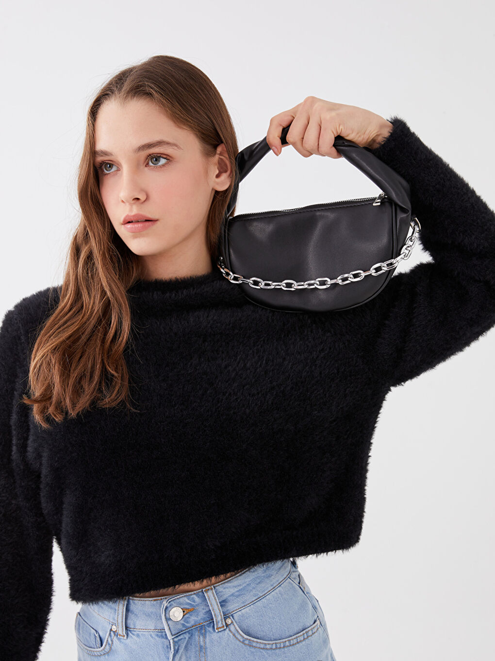 Siyah Deri Görünümlü Kadın Kol Çantası-1