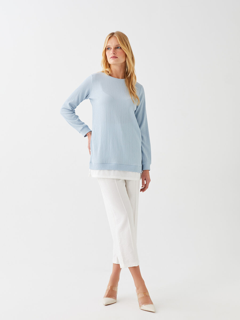 تونيك سادة بياقة دائرية بأكمام طويلة للسيدات-1