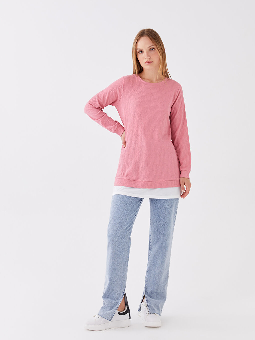 Crew Neck Plain Long Sleeve Women's Tunic-1