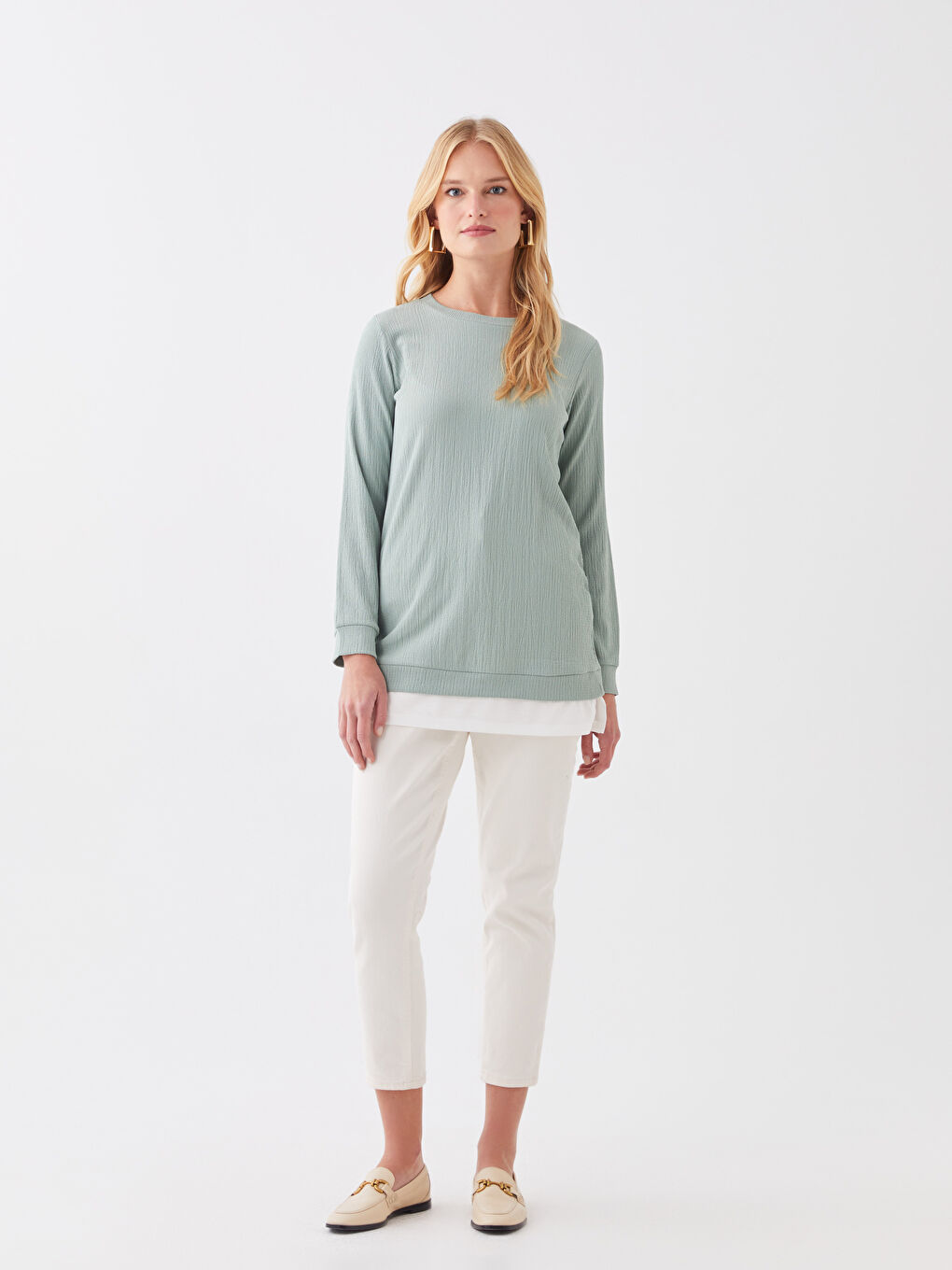 Crew Neck Plain Long Sleeve Women's Tunic-2