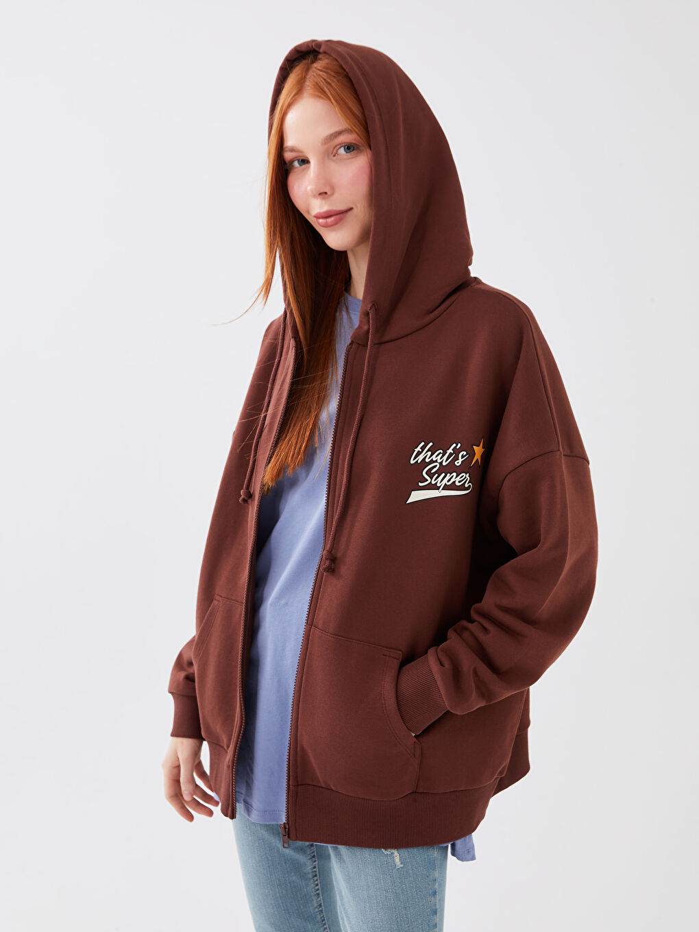 Hooded Printed Long Sleeve Oversize Women's Sports Cardigan