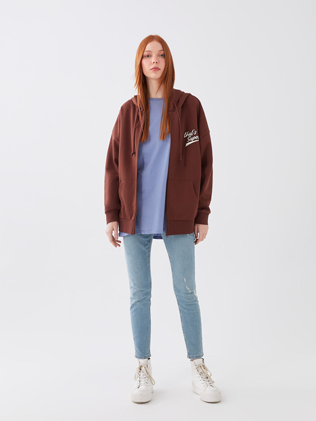 Hooded Printed Long Sleeve Oversize Women's Sports Cardigan-2