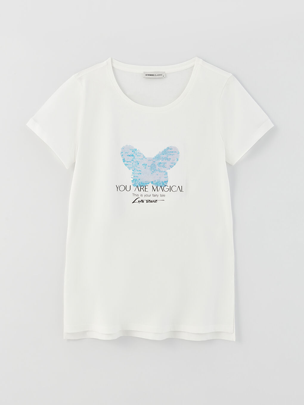 تيشيرت كم قصير ياقة دائرية مطرز بالترتر للسيدات-5