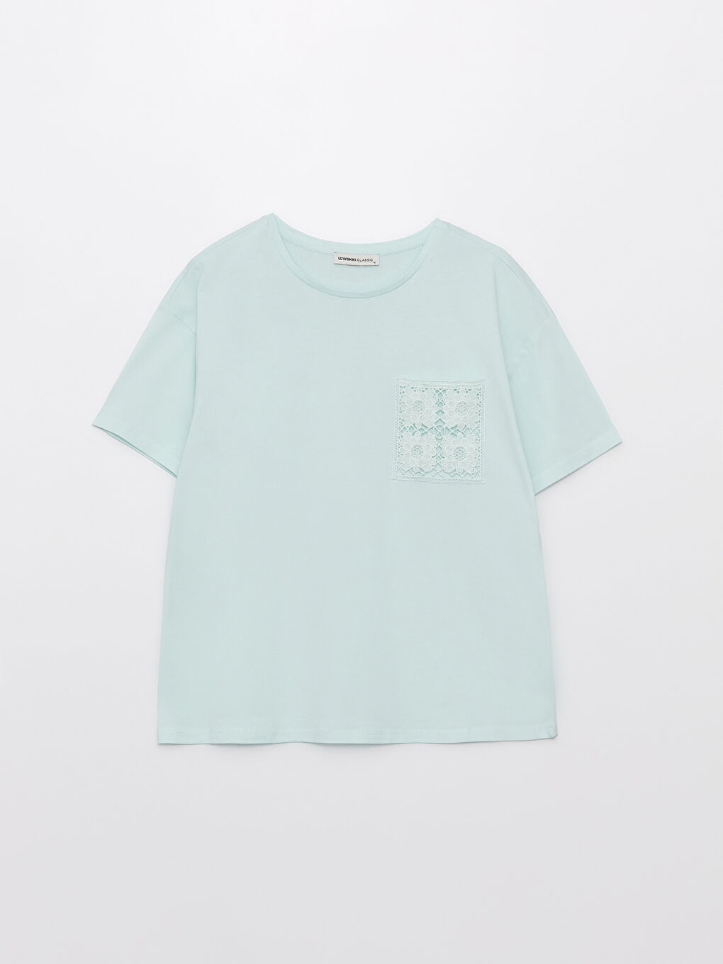 Turkuaz Kadın Bisiklet Yaka Nakışlı Tişört-5