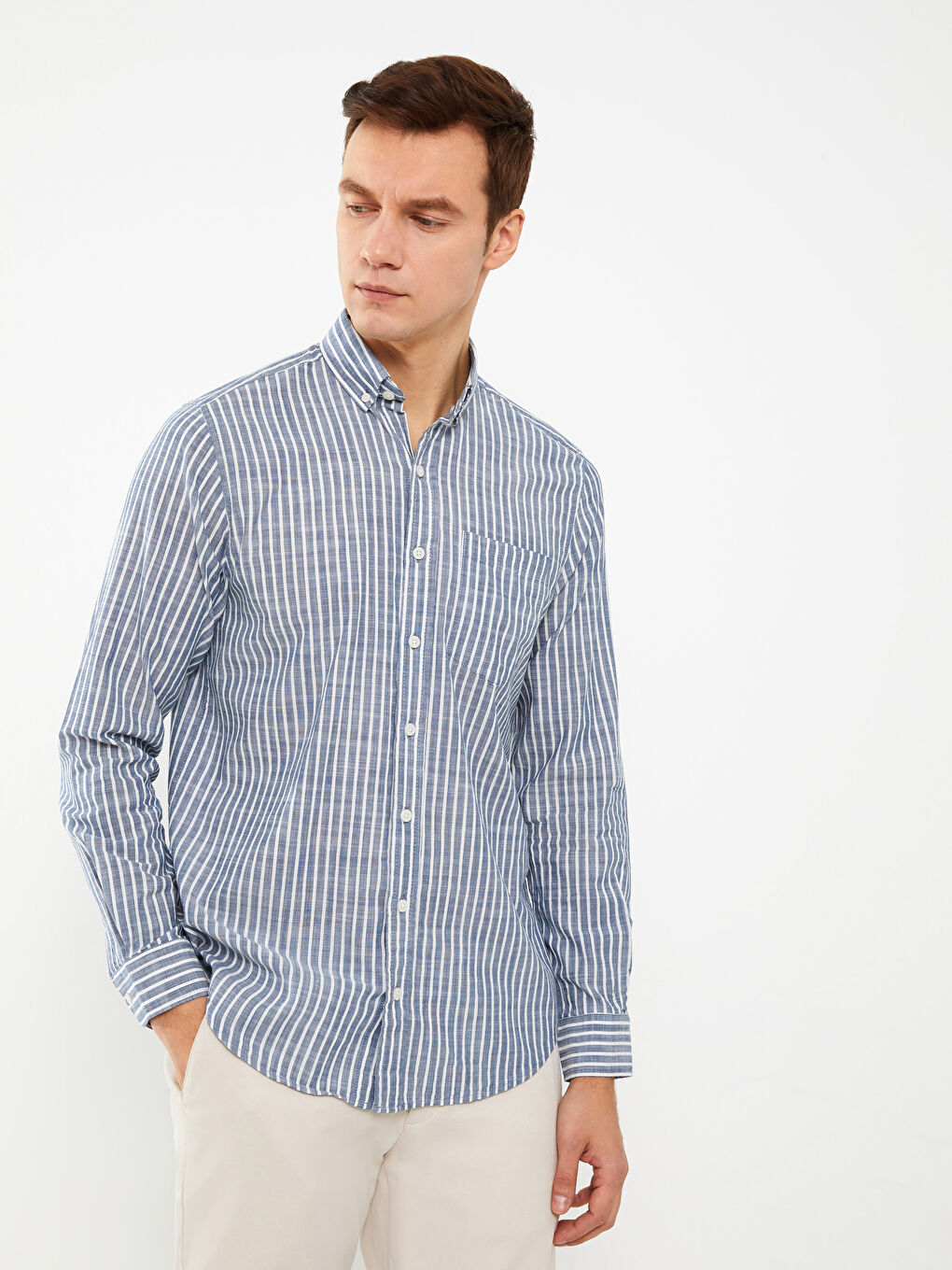 قميص رجالي بوبلين مخطط بأكمام طويلة وقصة عادية-1
