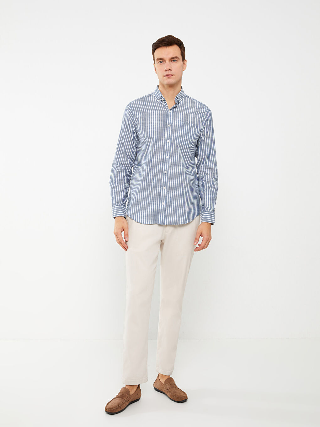 قميص رجالي بوبلين مخطط بأكمام طويلة وقصة عادية-2