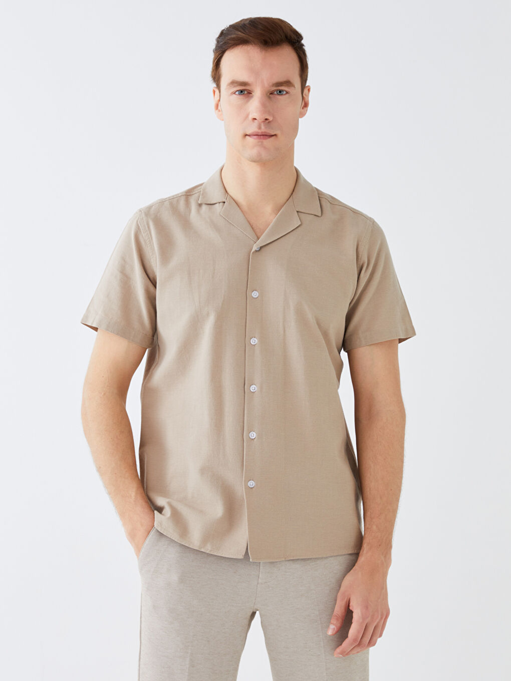 Bej Regular Fit Kısa Kollu Erkek Gömlek-2