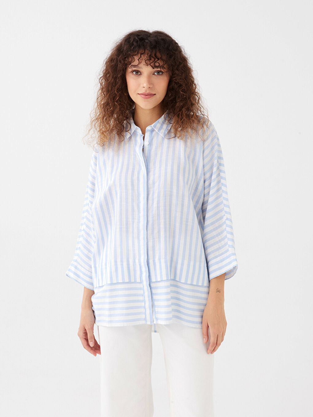 Hidden Button Closure Striped Women's Shirt-1