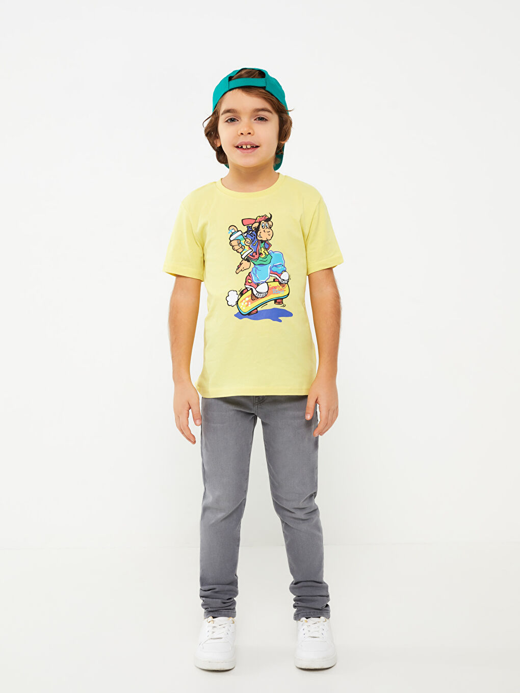 تيشيرت ياقة دائرية مطبوع قرد نوستالجي كم قصير للأولاد-1