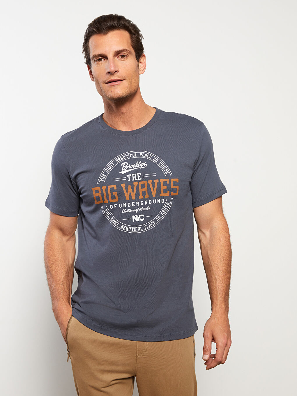 Antrasit Bisiklet Yaka Kısa Kollu Baskılı Penye Erkek Tişört