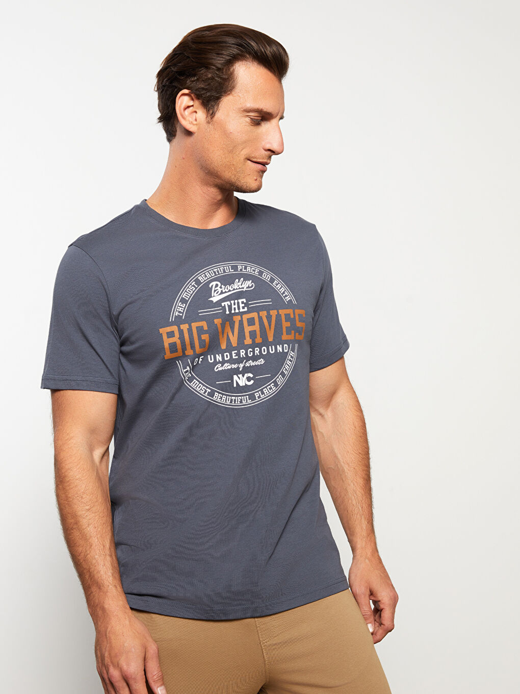 Antrasit Bisiklet Yaka Kısa Kollu Baskılı Penye Erkek Tişört-1