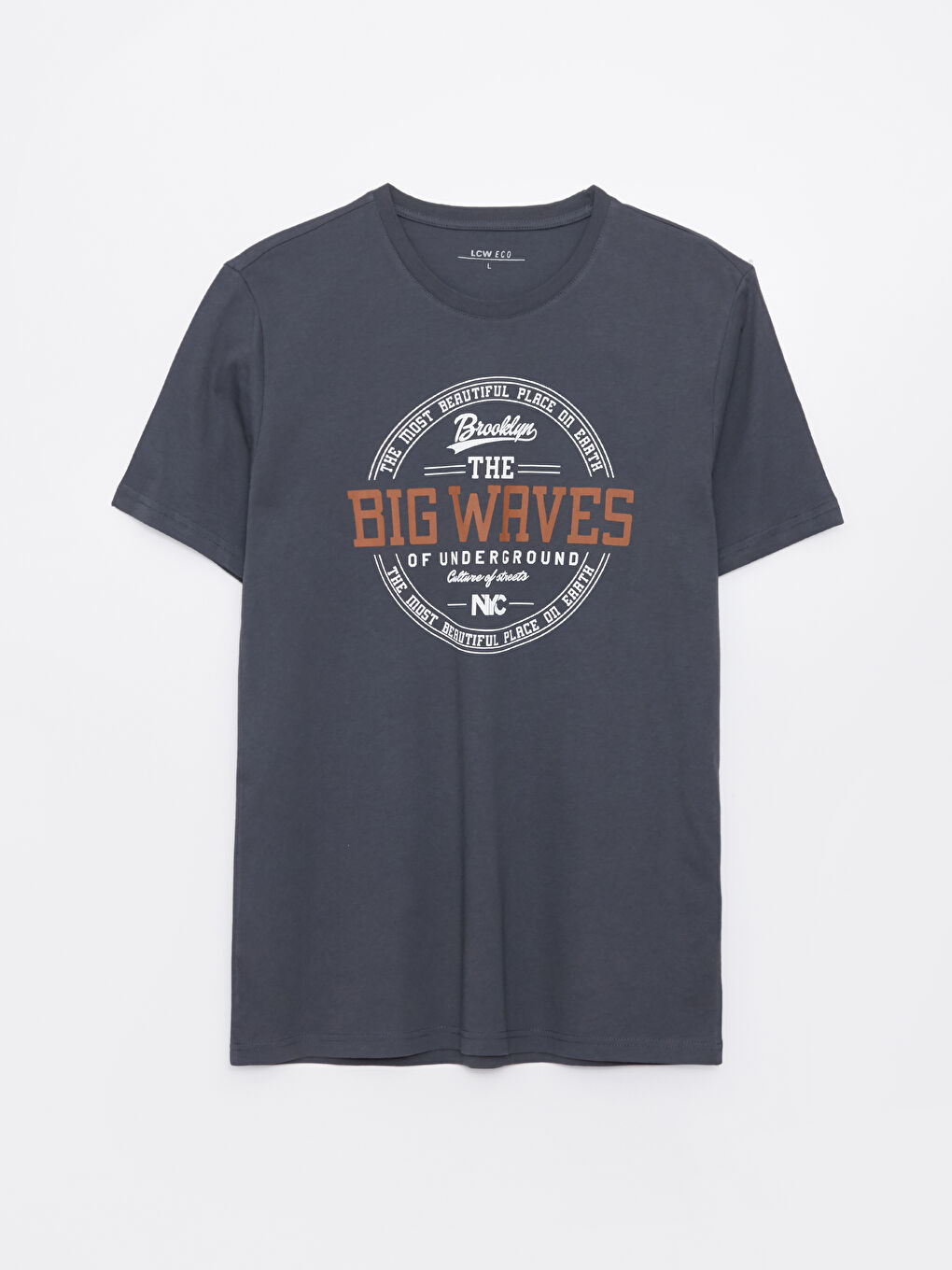 Antrasit Bisiklet Yaka Kısa Kollu Baskılı Penye Erkek Tişört-5