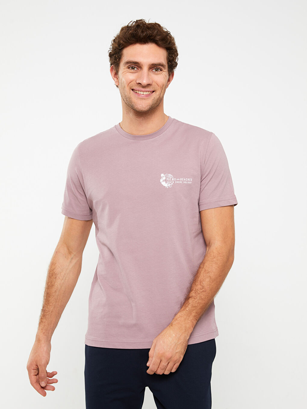 Pembe Bisiklet Yaka Kısa Kollu Baskılı Penye Erkek Tişört