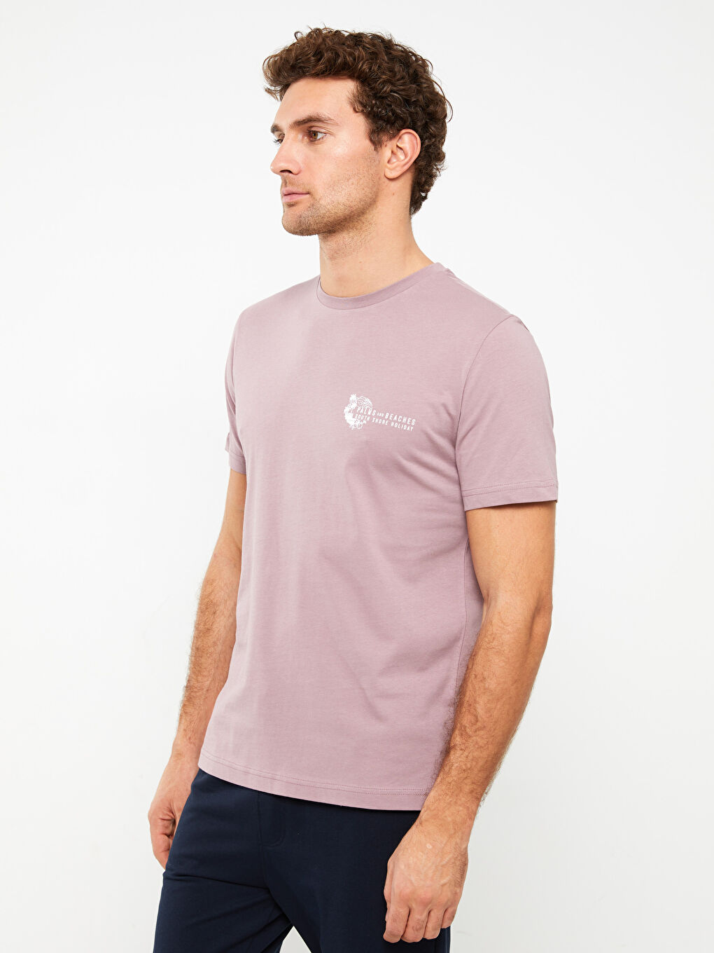 Pembe Bisiklet Yaka Kısa Kollu Baskılı Penye Erkek Tişört-1