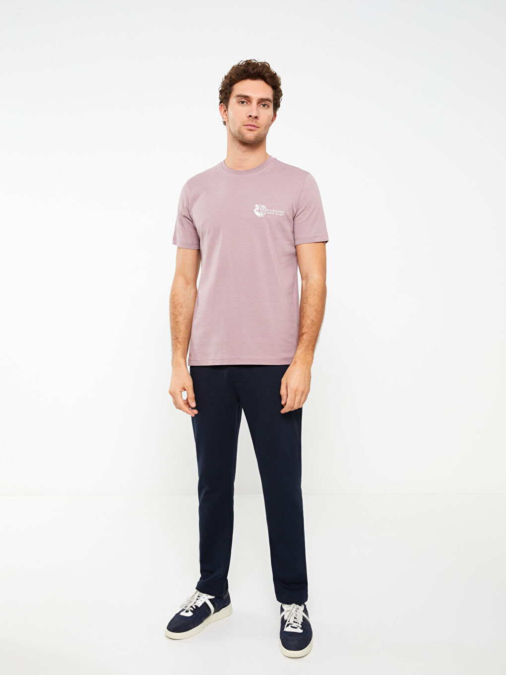 Pembe Bisiklet Yaka Kısa Kollu Baskılı Penye Erkek Tişört-2