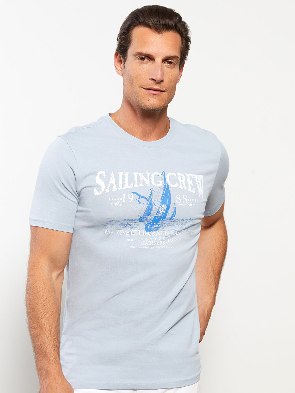 Mavi Bisiklet Yaka Baskılı Kısa Kollu Penye Erkek Tişört