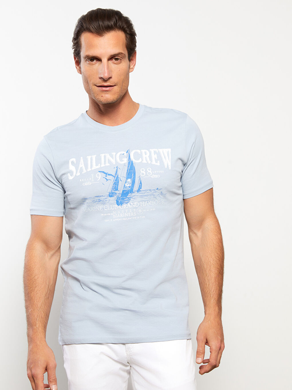 Mavi Bisiklet Yaka Baskılı Kısa Kollu Penye Erkek Tişört-1