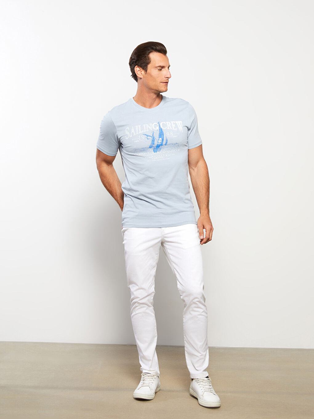 Mavi Bisiklet Yaka Baskılı Kısa Kollu Penye Erkek Tişört-2