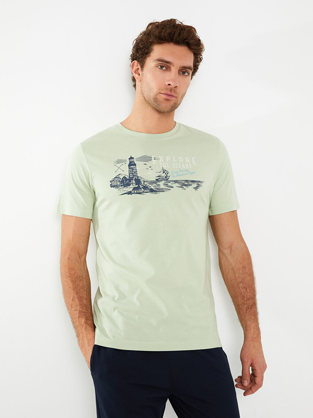 Yeşil Bisiklet Yaka Kısa Kollu Baskılı Penye Erkek Tişört