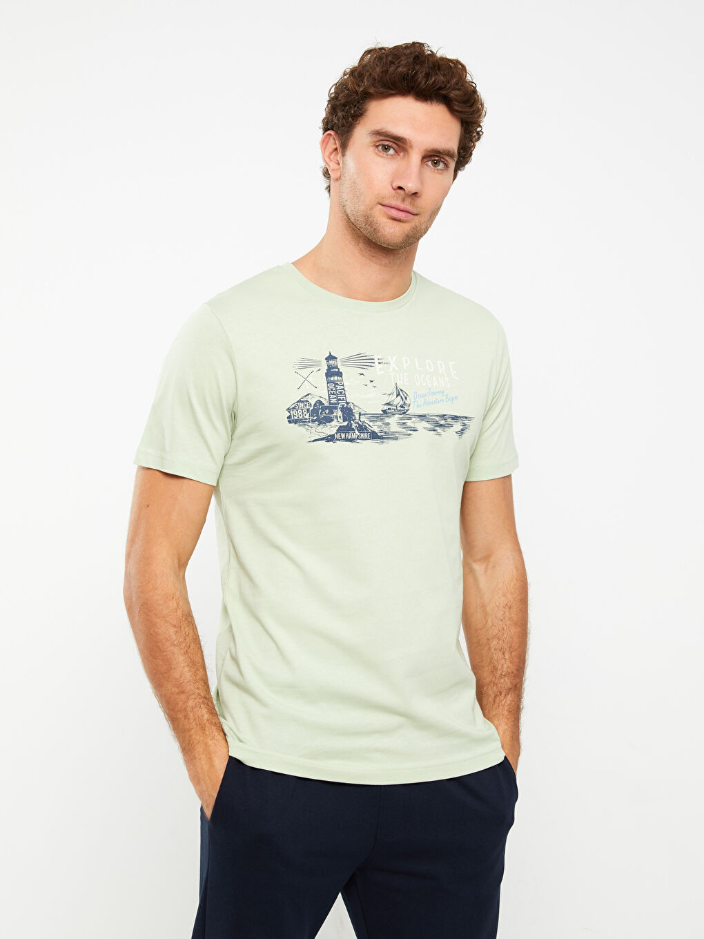 Yeşil Bisiklet Yaka Kısa Kollu Baskılı Penye Erkek Tişört-1