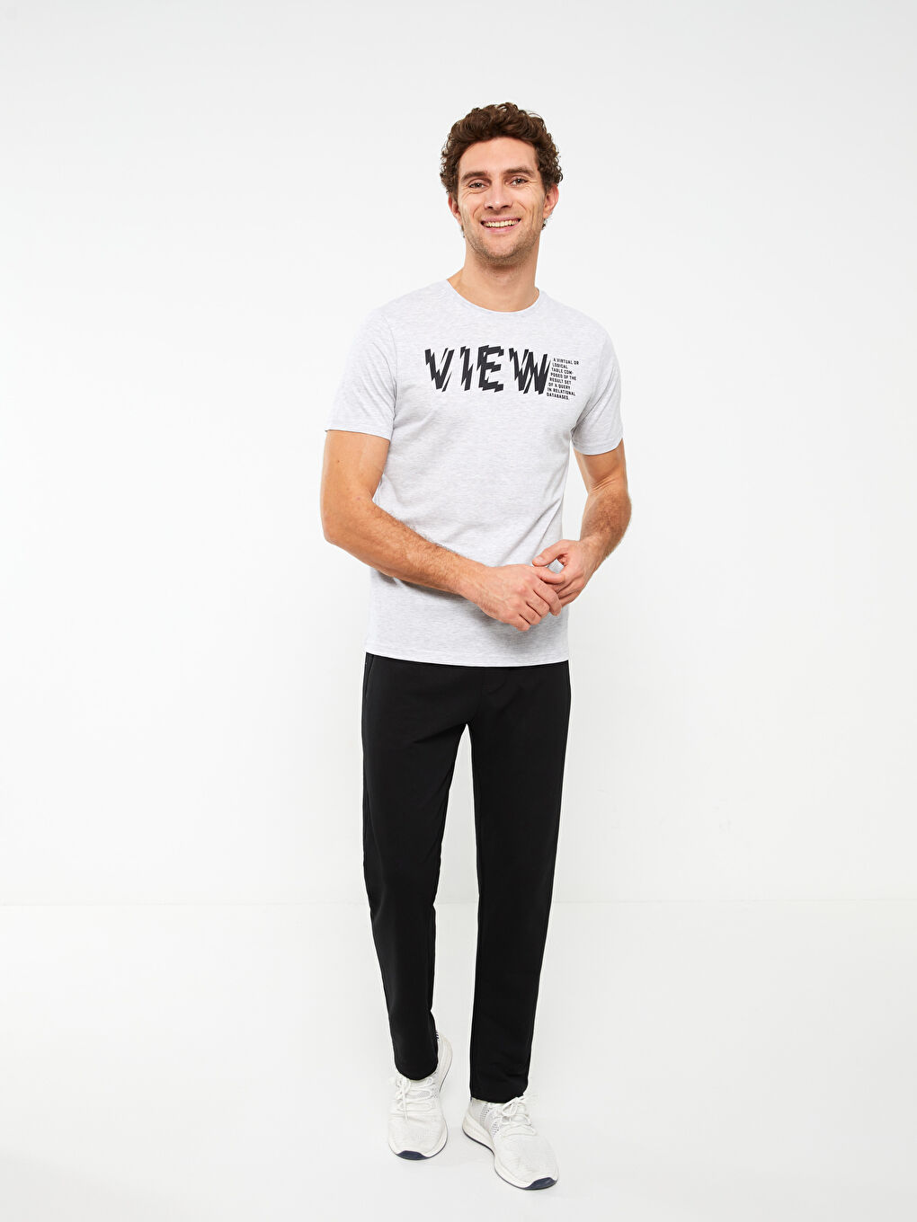 Gri Bisiklet Yaka Kısa Kollu Baskılı Penye Erkek Tişört-2