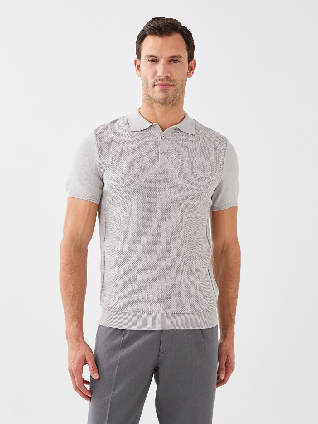 Gri Polo Yaka Erkek Triko Tişört-1