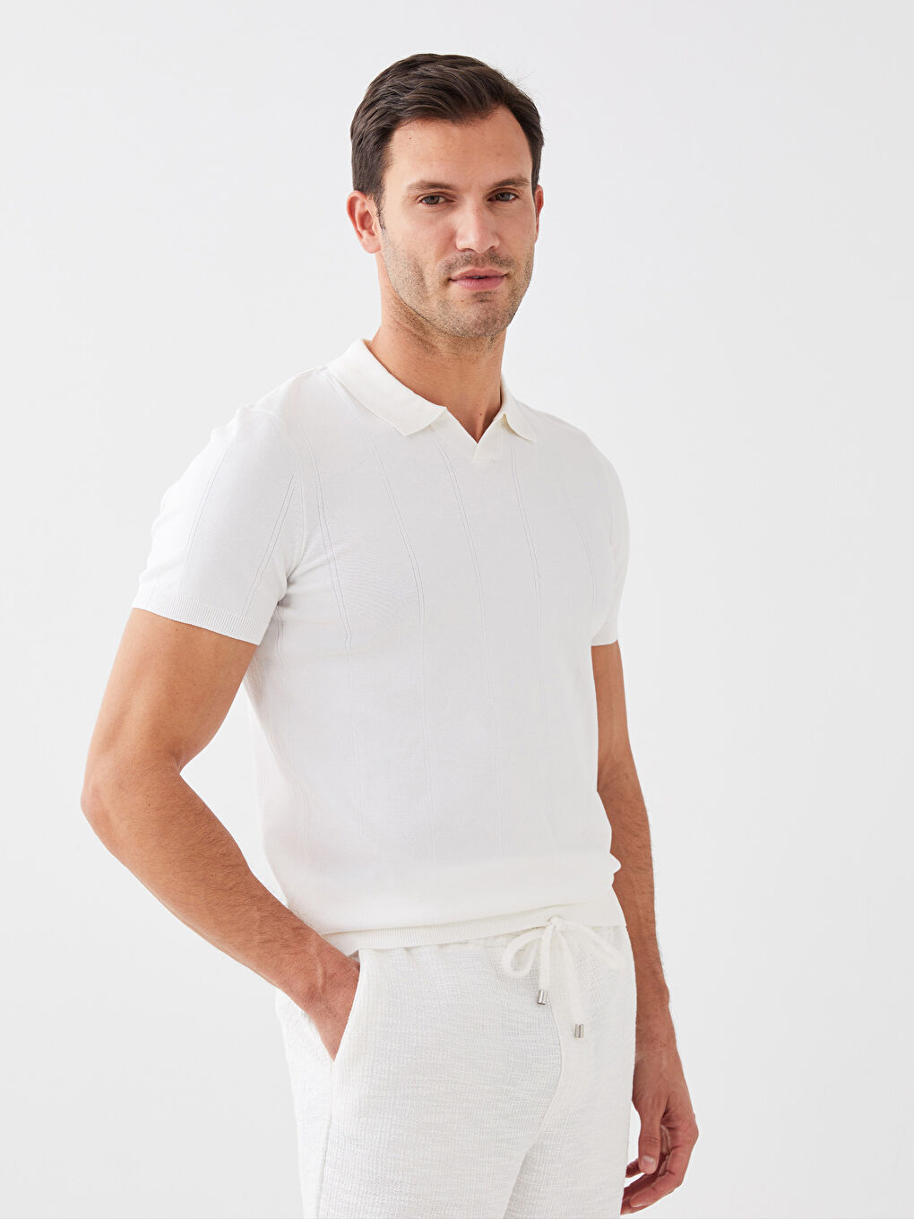 Pulover Tricotat cu Guler Polo și Mânecă Scurtă pentru Bărbați