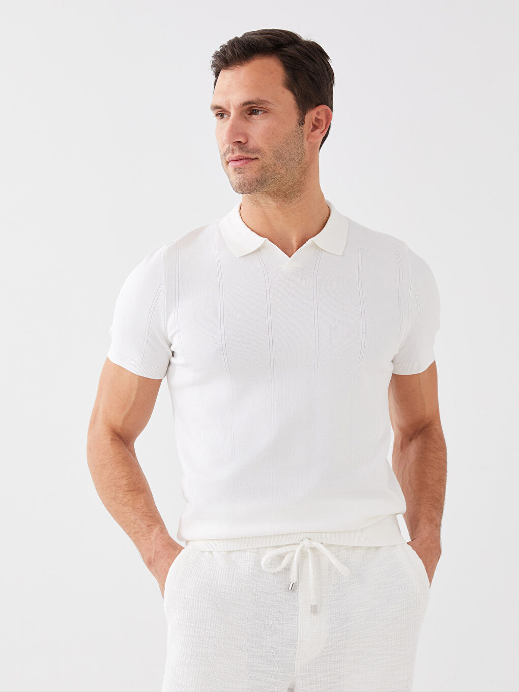 Pulover Tricotat cu Guler Polo și Mânecă Scurtă pentru Bărbați-1