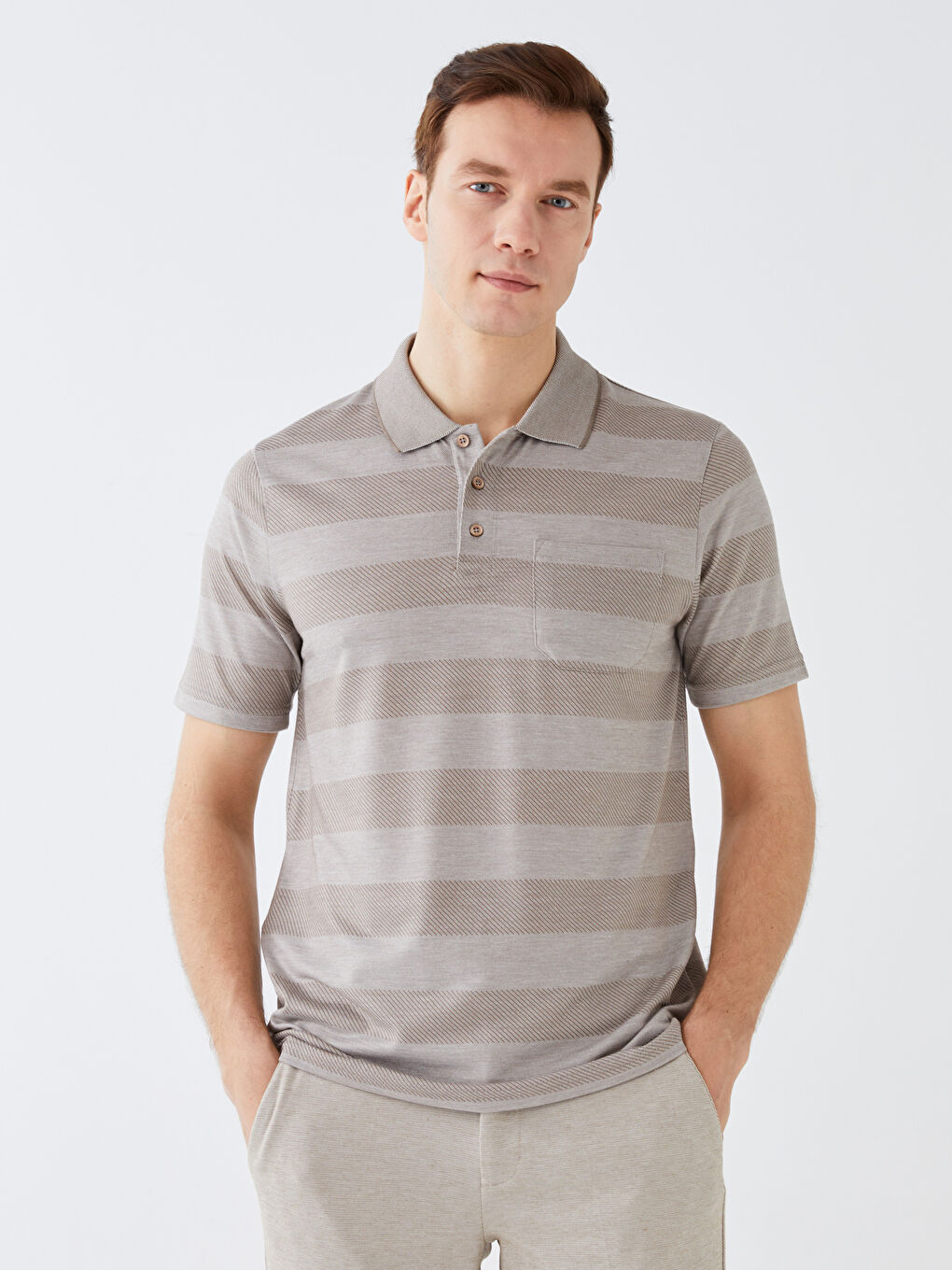 Bej Merserize Polo Yaka Kısa Kollu Çizgili Erkek Tişört
