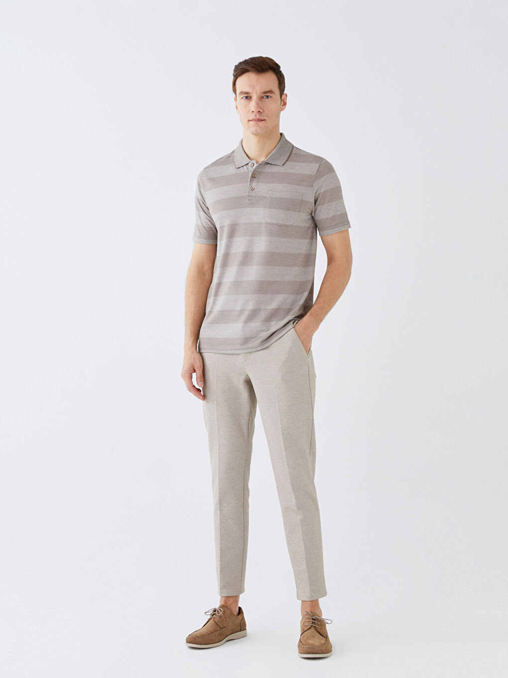 Bej Merserize Polo Yaka Kısa Kollu Çizgili Erkek Tişört-1