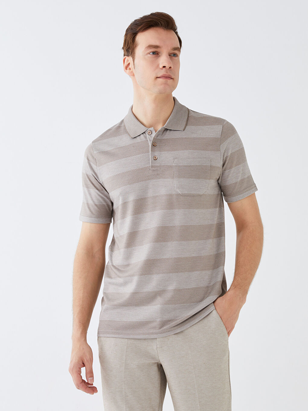 Bej Merserize Polo Yaka Kısa Kollu Çizgili Erkek Tişört-2
