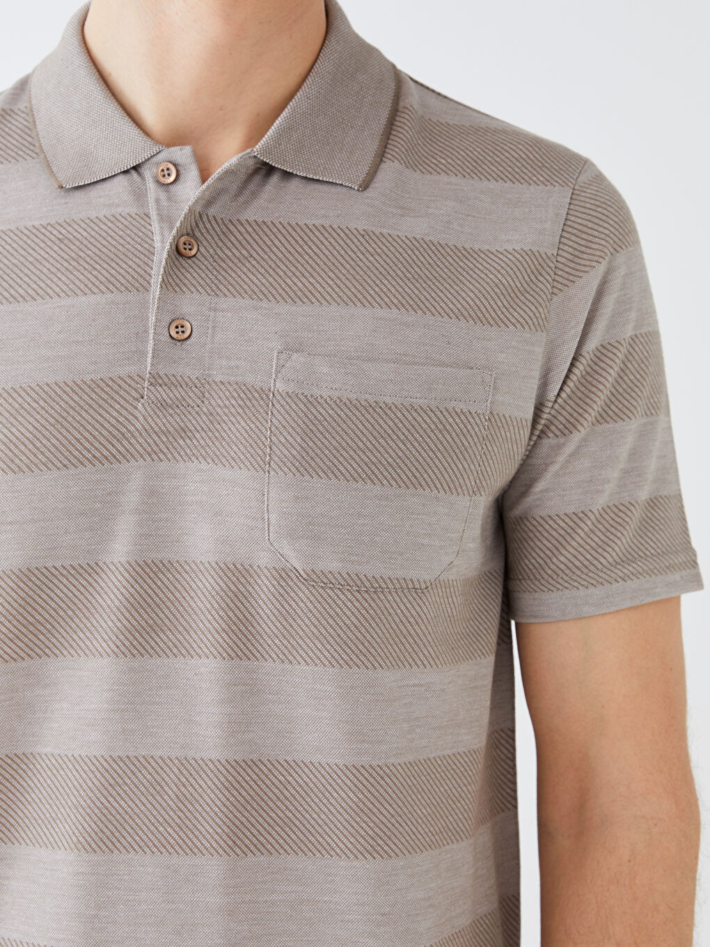 Bej Merserize Polo Yaka Kısa Kollu Çizgili Erkek Tişört-3