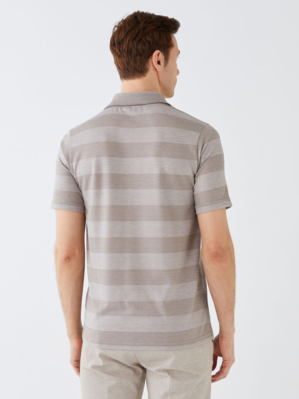 Bej Merserize Polo Yaka Kısa Kollu Çizgili Erkek Tişört-4
